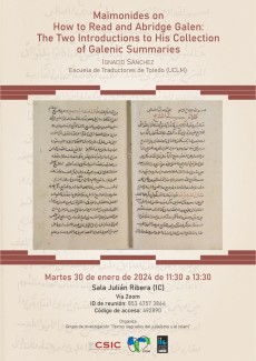 Seminario "Maimonides on  How to Read and Abridge Galen:  The Two Introductions to His Collection  of Galenic Summaries"