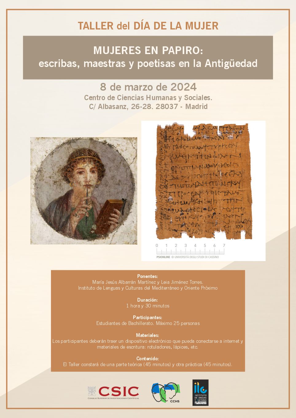 TALLER DEL DÍA DE LA MUJER: Mujeres en papiro. Escribas, maestras y poetisas en la Antigüedad
